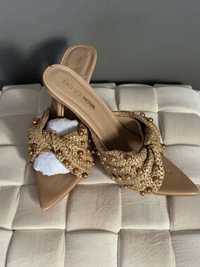 Fashion Nova Beige Beaded Knotted Mule Heels